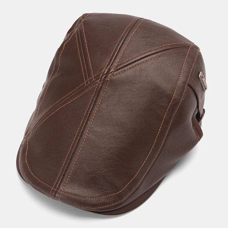 Collrown Hommes Point Lettre Étiquette Béret Casquette Rétro En Cuir Pu Automne Hiver Chaud Gavroche Casquette Casquette Plate