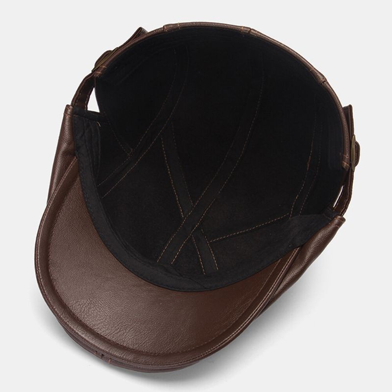 Collrown Hommes Point Lettre Étiquette Béret Casquette Rétro En Cuir Pu Automne Hiver Chaud Gavroche Casquette Casquette Plate