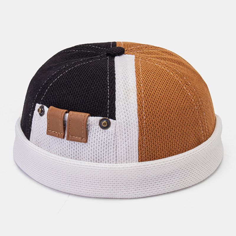 Collrown Hommes Polaire Couleur Bloc Couture Dôme Bonnet Crâne Cap Automne Hiver Chaud Réglable En Cuir Boucle Propriétaire Cap