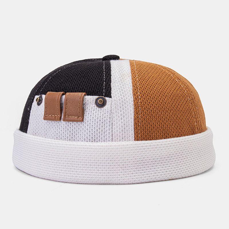 Collrown Hommes Polaire Couleur Bloc Couture Dôme Bonnet Crâne Cap Automne Hiver Chaud Réglable En Cuir Boucle Propriétaire Cap