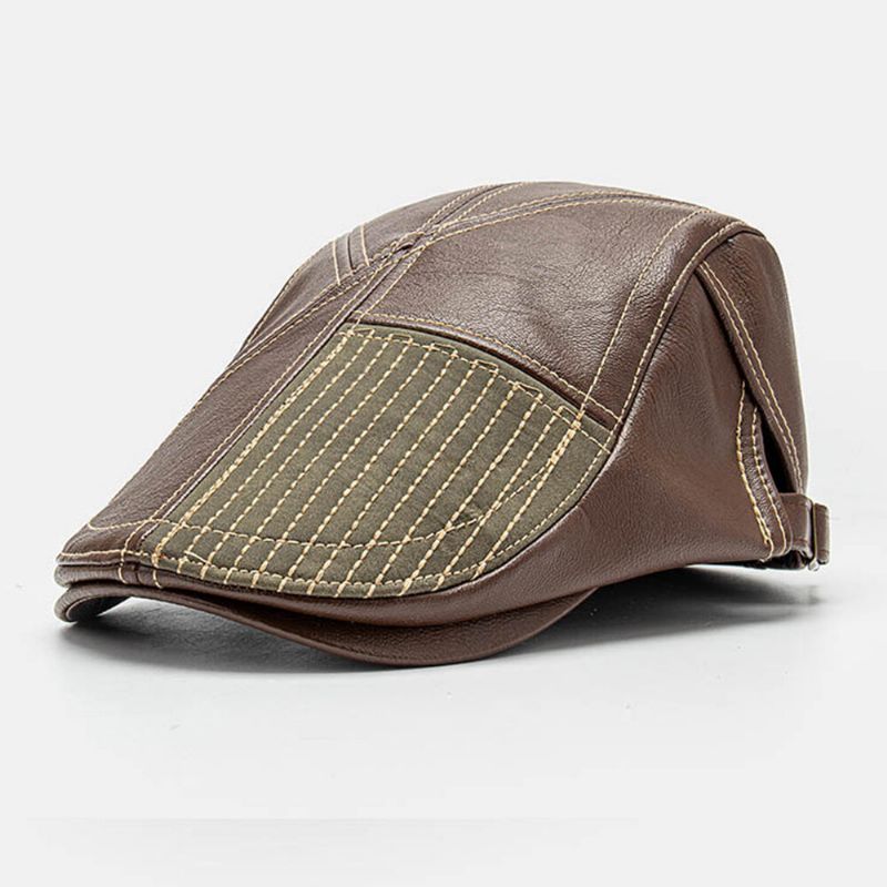 Collrown Hommes Pu Cuir Point Rayures Béret Casquette Rétro Réglable Haute Qualité Gavroche Casquette Plate Casquette