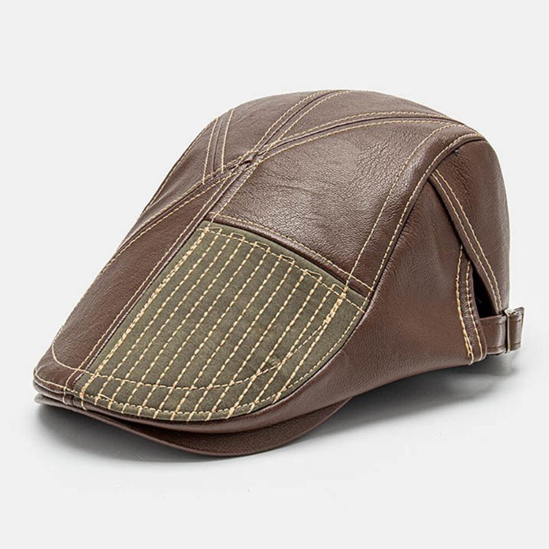 Collrown Hommes Pu Cuir Point Rayures Béret Casquette Rétro Réglable Haute Qualité Gavroche Casquette Plate Casquette