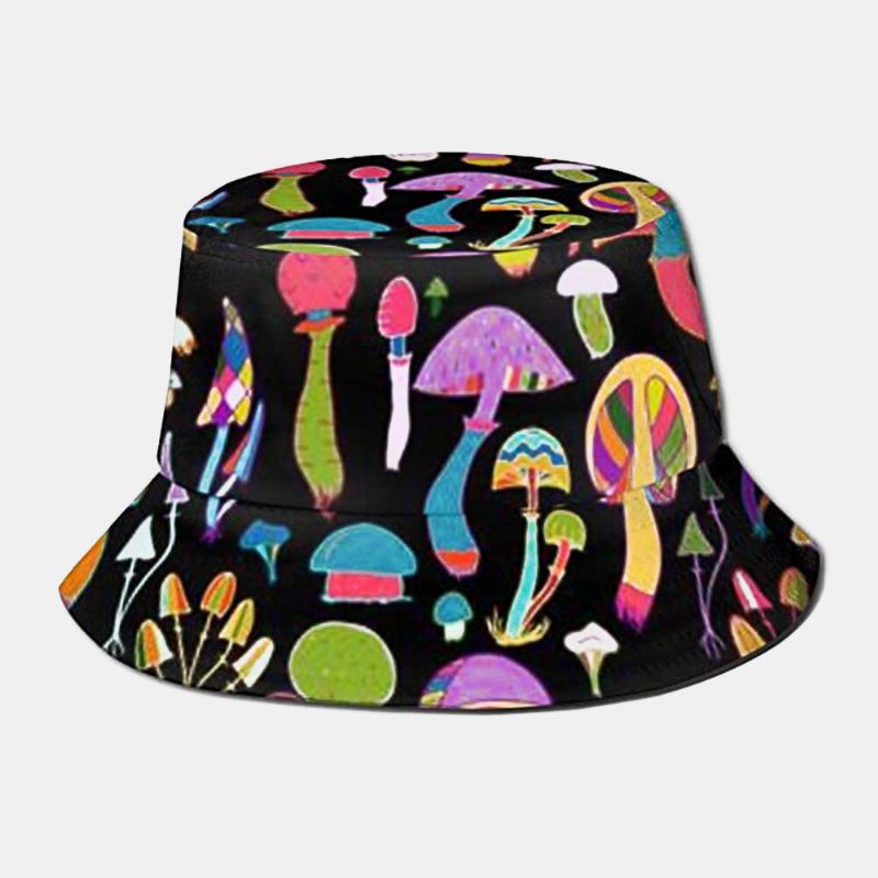 Collrown Unisexe Coloré Champignon Motif Imprimé Casual Doux Voyage En Plein Air Seau Chapeau