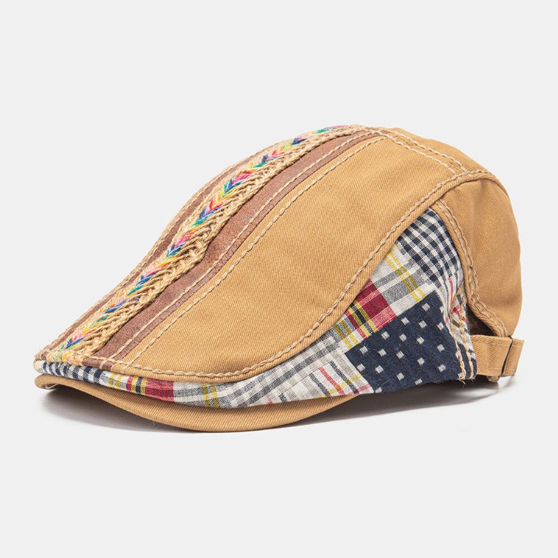 Collrown Unisexe Coton Patchwork Couleur Arc-en-ciel Tissé Paille Corde Décoration Décontracté Tout Match Béret Casquette Plate Ivy Cap