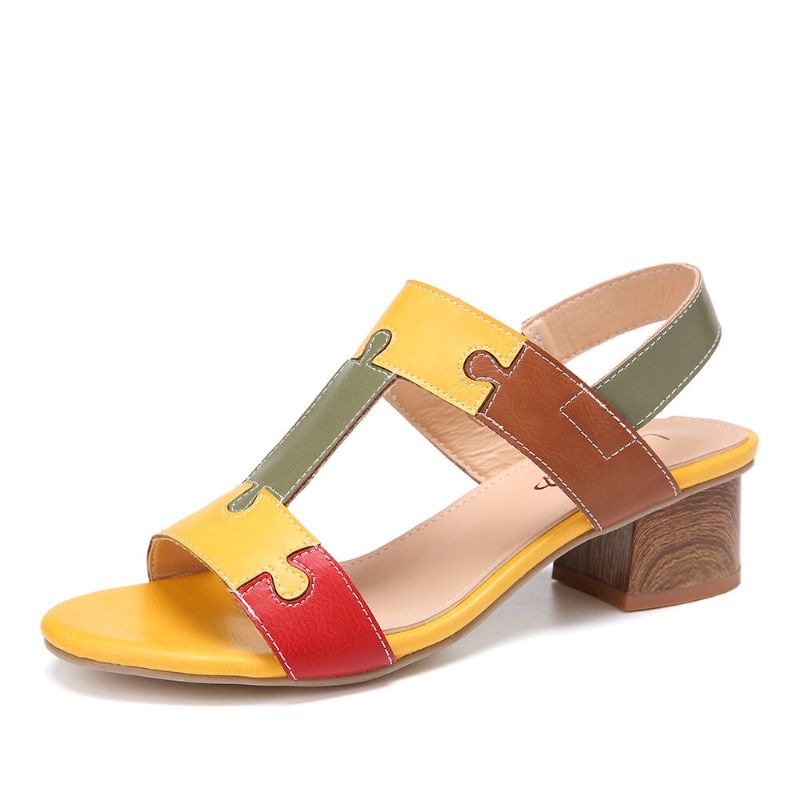 Color Block T-strap Bout Ouvert Bande Élastique Sandales À Talons Chunky