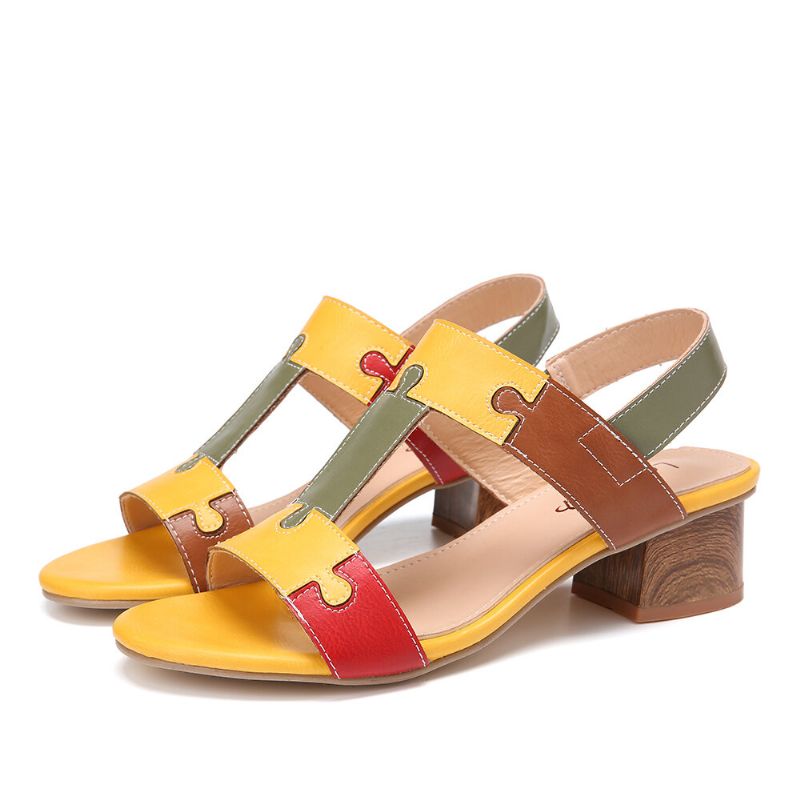 Color Block T-strap Bout Ouvert Bande Élastique Sandales À Talons Chunky