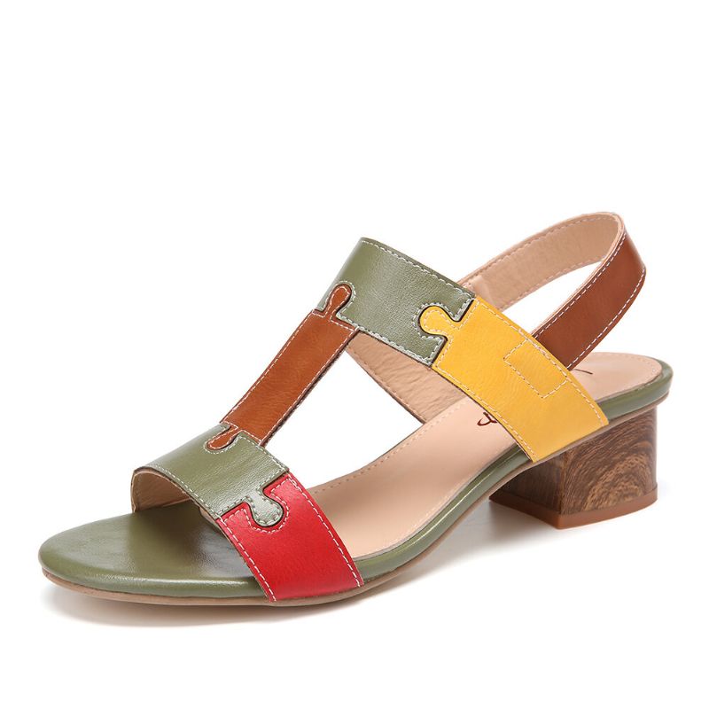 Color Block T-strap Bout Ouvert Bande Élastique Sandales À Talons Chunky