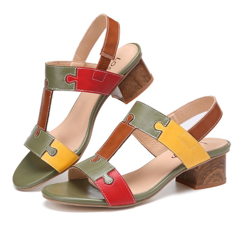 Color Block T-strap Bout Ouvert Bande Élastique Sandales À Talons Chunky