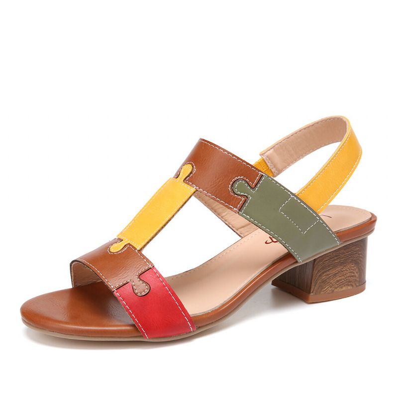 Color Block T-strap Bout Ouvert Bande Élastique Sandales À Talons Chunky