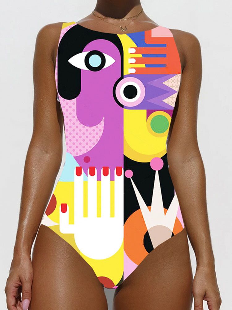 Coloré Figure Abstraite Imprimé Col Haut Amincissant Une Pièce Plage Femmes Maillots De Bain