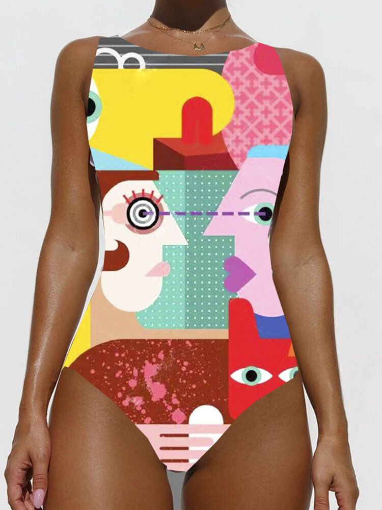 Coloré Figure Abstraite Imprimé Col Haut Amincissant Une Pièce Plage Femmes Maillots De Bain