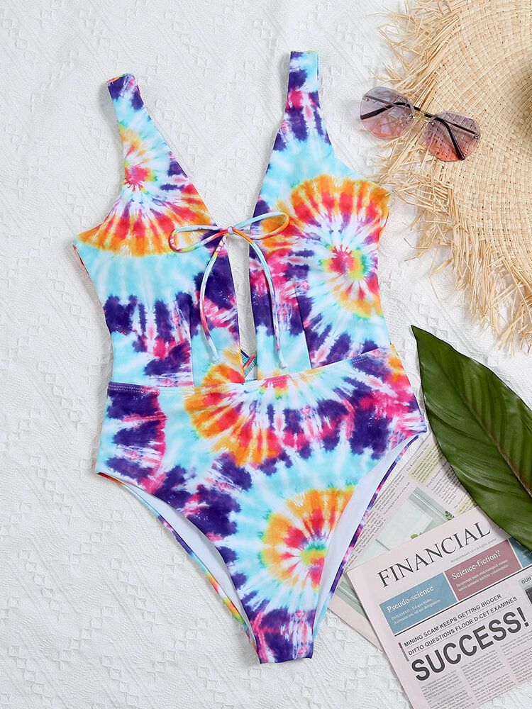 Coloré Tie Dye Bowknot Garniture Fourche Haute Une Pièce Femmes Plage Maillots De Bain