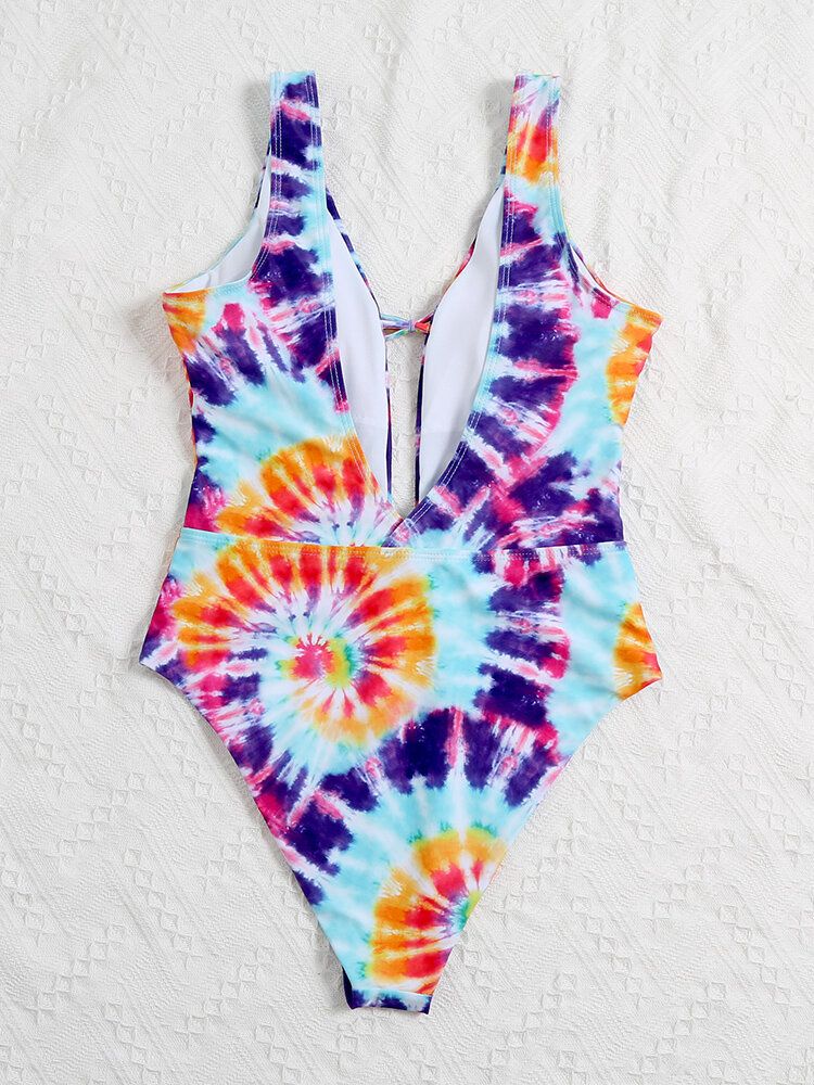 Coloré Tie Dye Bowknot Garniture Fourche Haute Une Pièce Femmes Plage Maillots De Bain