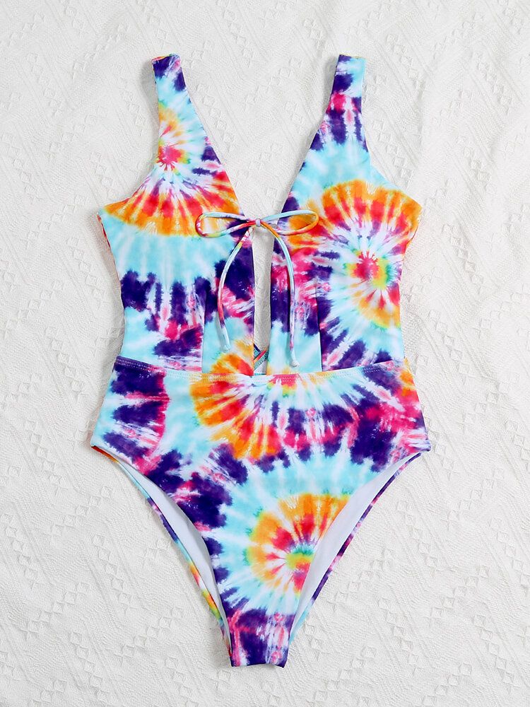 Coloré Tie Dye Bowknot Garniture Fourche Haute Une Pièce Femmes Plage Maillots De Bain