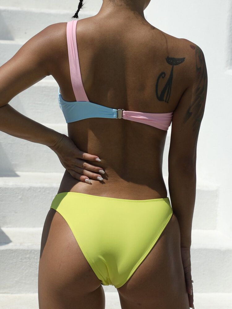 Contraste De Couleur Patchwork Découpé Une Épaule Dos Nu Une Pièce Maillot De Bain De Plage Pour Les Femmes