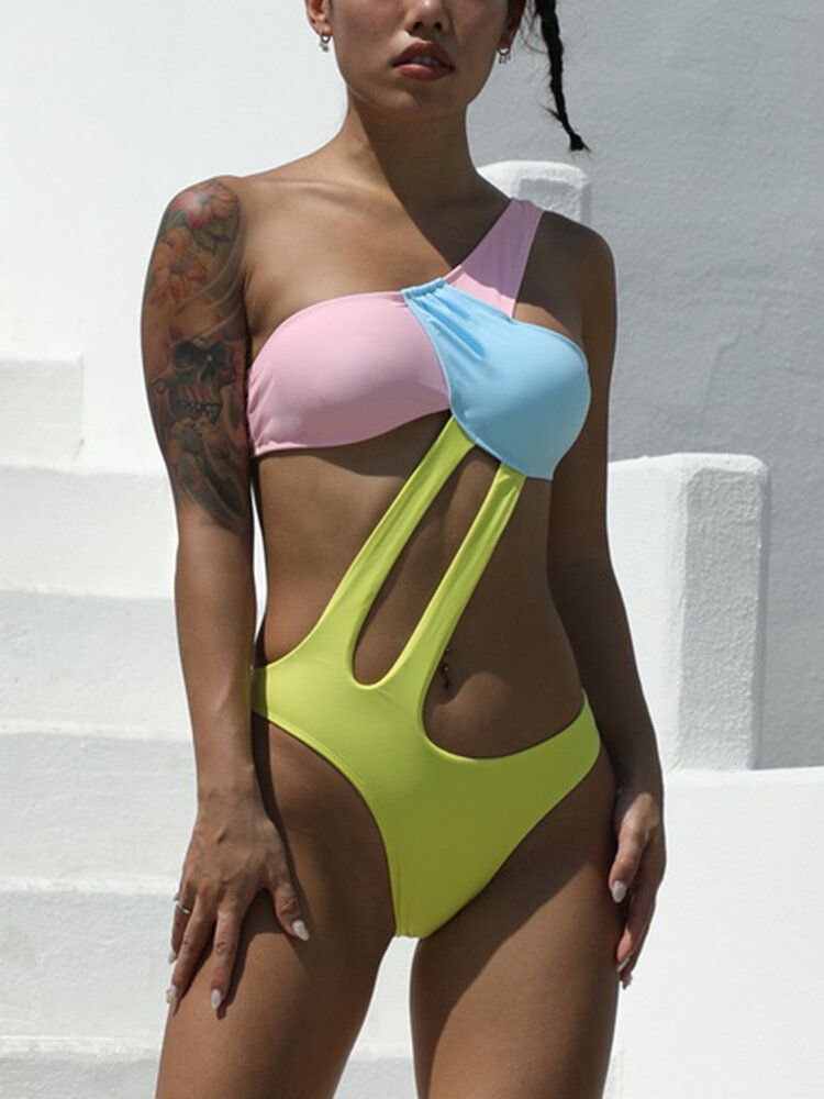 Contraste De Couleur Patchwork Découpé Une Épaule Dos Nu Une Pièce Maillot De Bain De Plage Pour Les Femmes