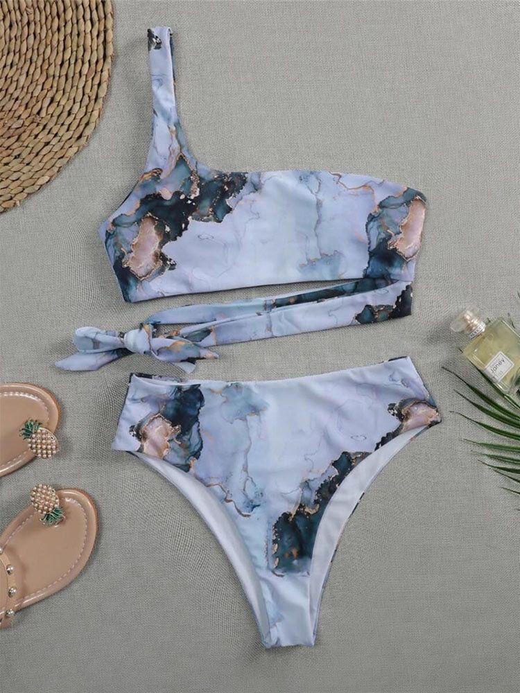 Contraste Couleur Tie Dye Imprimer Une Épaule Noué Taille Haute Femmes Beach Bikini