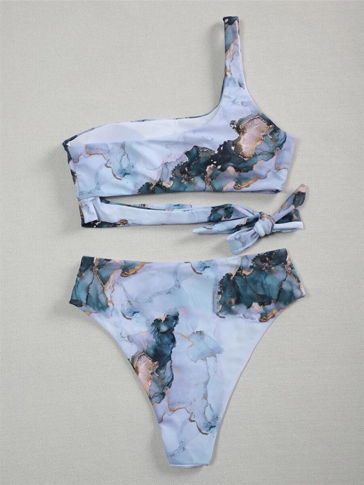 Contraste Couleur Tie Dye Imprimer Une Épaule Noué Taille Haute Femmes Beach Bikini