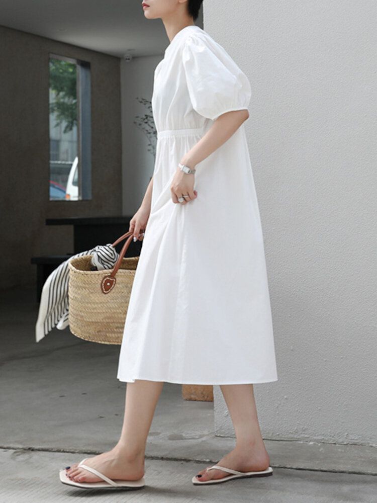 Coton Solide Couleur Manches Bouffantes O-cou Taille Élastique Robe Décontractée Pour Les Femmes