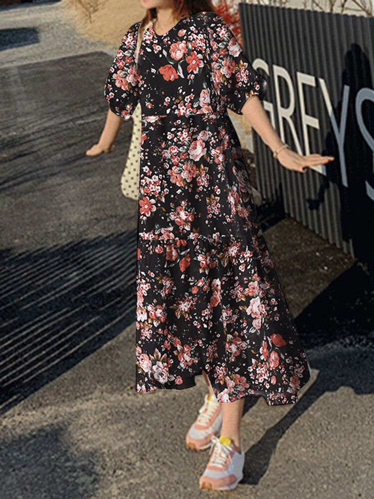 Cottagecore Flower Print Pocket Puff Sleeve Casual Maxi Dress