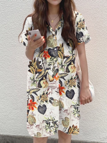 Cottagecore Plant Print Pocket Button Split Cotton Shirt Dress