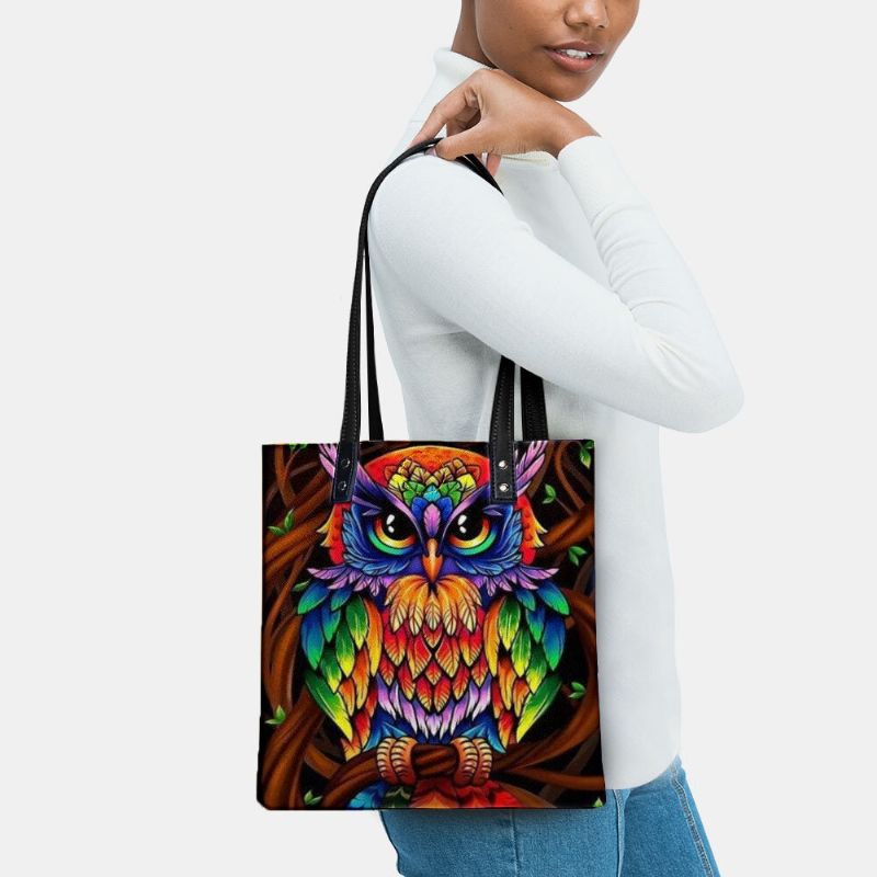 Couleur Hibou Imprimé Motif Cuir Sac Fourre-tout Autocollant Sac À Bandoulière Sac À Main Fourre-tout Avec Petit Sac Intégré