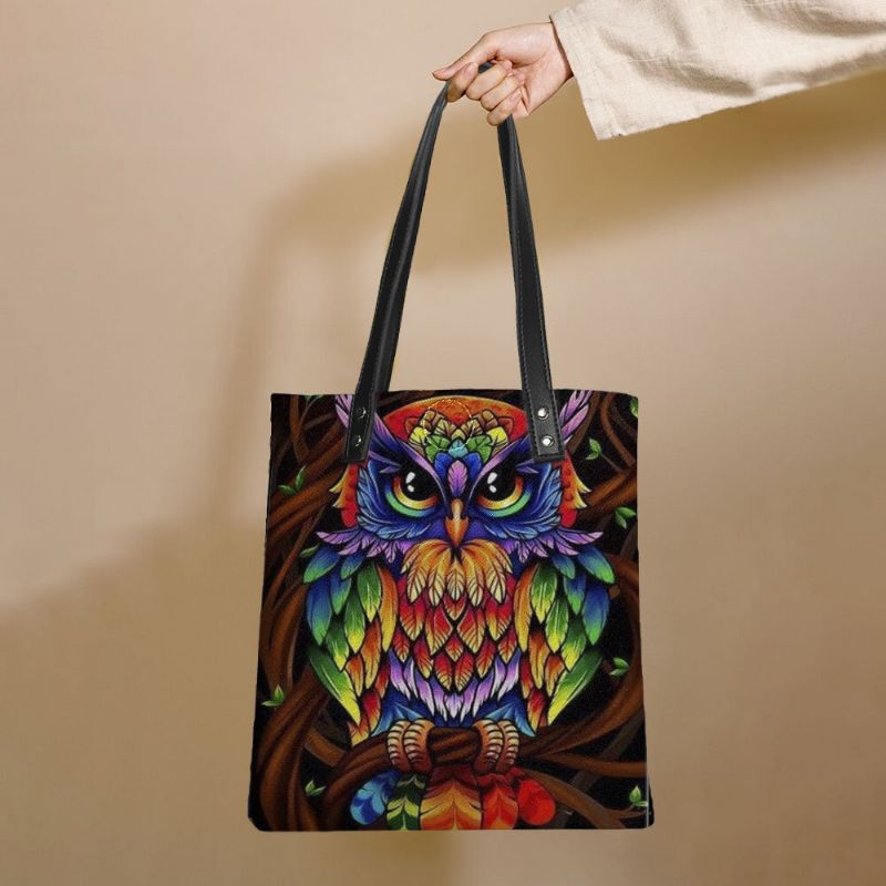 Couleur Hibou Imprimé Motif Cuir Sac Fourre-tout Autocollant Sac À Bandoulière Sac À Main Fourre-tout Avec Petit Sac Intégré