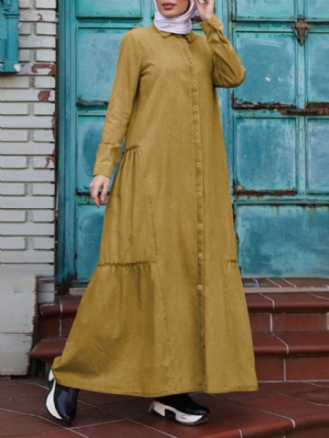 Couleur Unie Rétro Boutonné Revers Manches Longues Décontracté Robe Musulmane Abaya Caftan Pour Les Femmes