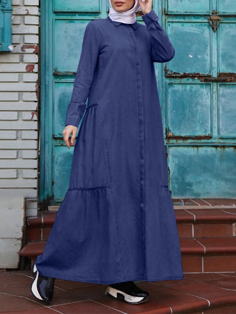 Couleur Unie Rétro Boutonné Revers Manches Longues Décontracté Robe Musulmane Abaya Caftan Pour Les Femmes