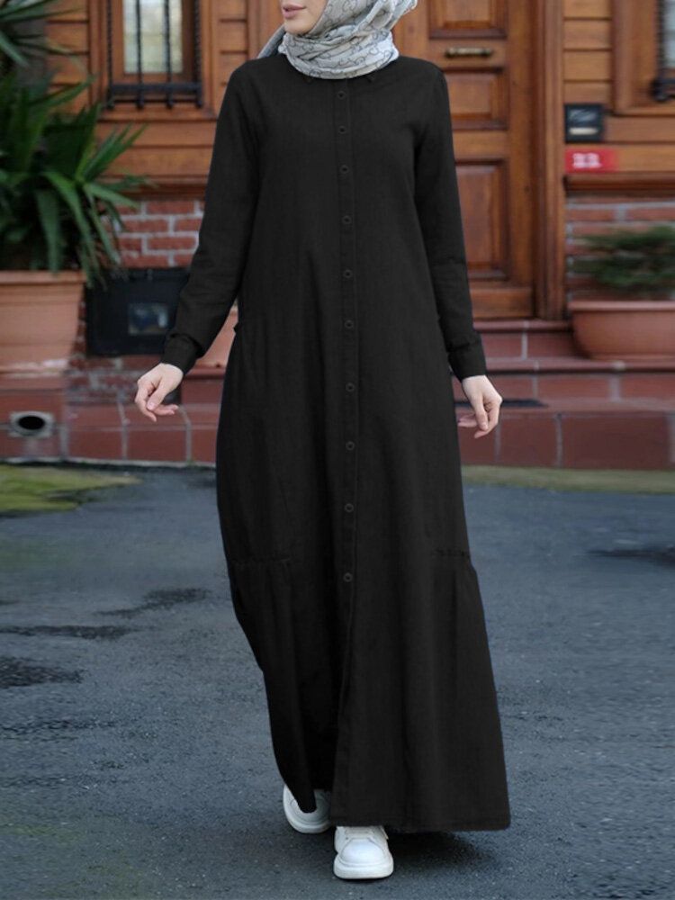 Couleur Unie Rétro Boutonné Revers Manches Longues Décontracté Robe Musulmane Abaya Caftan Pour Les Femmes