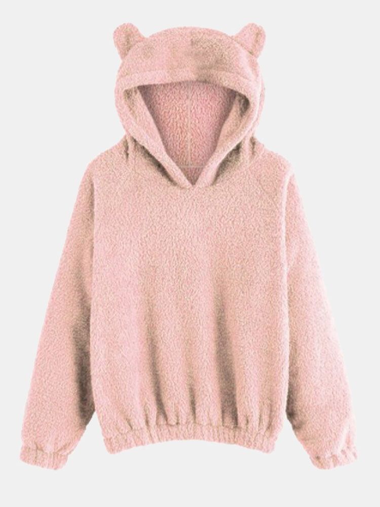 Cutie Casualsolid Couleur Fuzzy Ear Manches Longues Patchwork Teddy Hoodies