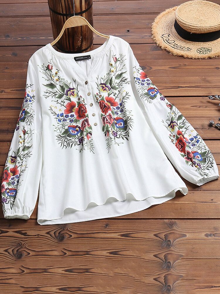 Décontracté Imprimé Floral Col V Manches Longues Poignets Élastiques Style Ethnique Blouse Boutonnée Lâche