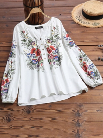 Décontracté Imprimé Floral Col V Manches Longues Poignets Élastiques Style Ethnique Blouse Boutonnée Lâche