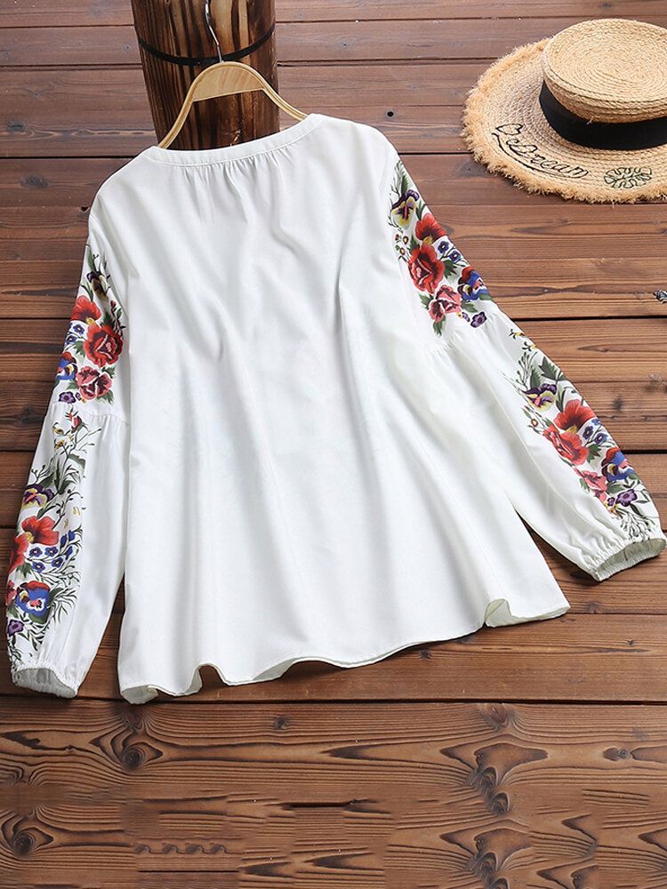 Décontracté Imprimé Floral Col V Manches Longues Poignets Élastiques Style Ethnique Blouse Boutonnée Lâche