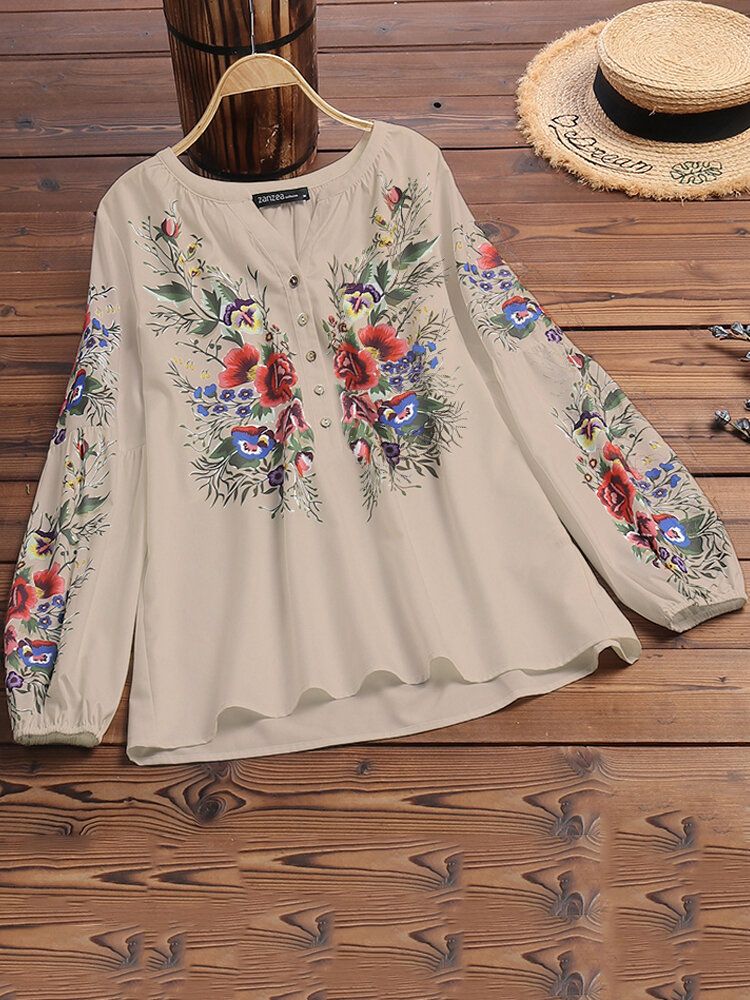 Décontracté Imprimé Floral Col V Manches Longues Poignets Élastiques Style Ethnique Blouse Boutonnée Lâche