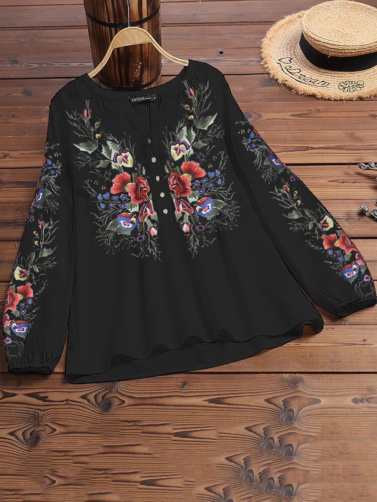 Décontracté Imprimé Floral Col V Manches Longues Poignets Élastiques Style Ethnique Blouse Boutonnée Lâche