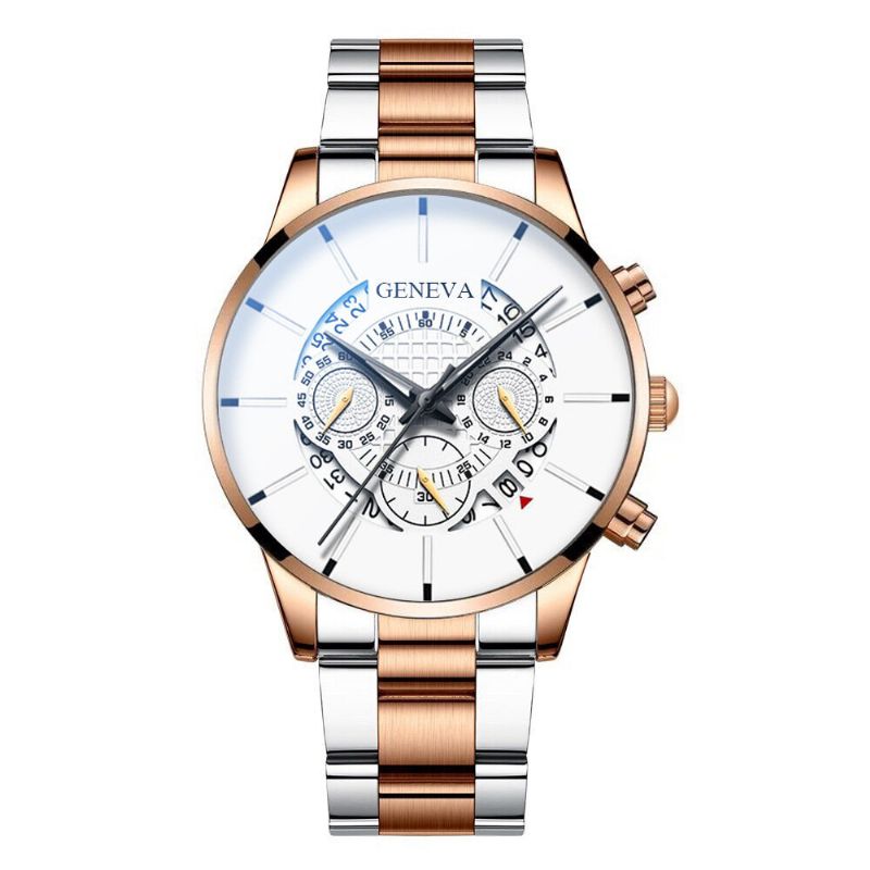 Décoré Pointeur Business Style Hommes Montre Calendrier En Acier Inoxydable Bande Quartz Montre