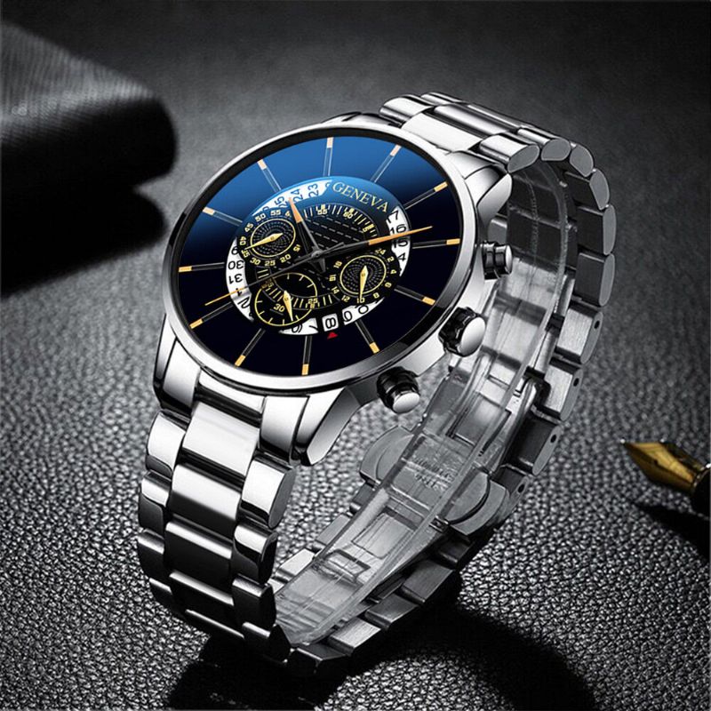 Décoré Pointeur Business Style Hommes Montre Calendrier En Acier Inoxydable Bande Quartz Montre