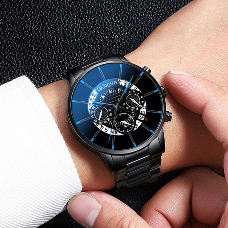 Décoré Pointeur Business Style Hommes Montre Calendrier En Acier Inoxydable Bande Quartz Montre