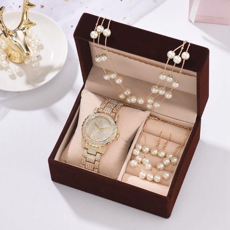 Deffrun 4 Pcs Femmes Montre Ensemble Complet Diamant Montre Ronde Perle Bracelet Boucles D'oreilles Collier Cadeau Kit