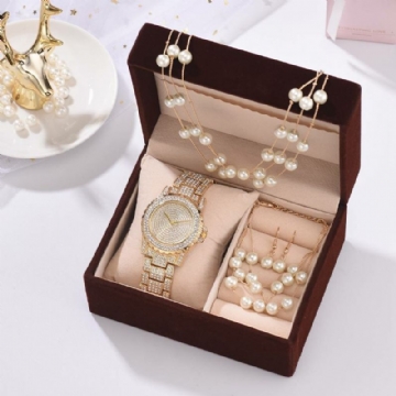 Deffrun 4 Pcs Femmes Montre Ensemble Complet Diamant Montre Ronde Perle Bracelet Boucles D'oreilles Collier Cadeau Kit