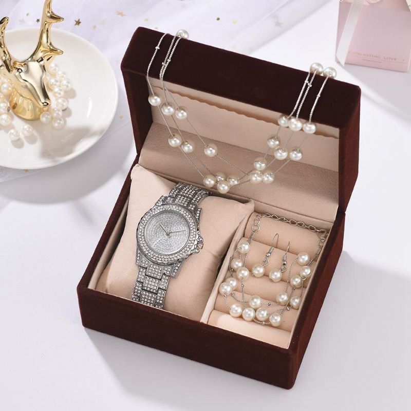 Deffrun 4 Pcs Femmes Montre Ensemble Complet Diamant Montre Ronde Perle Bracelet Boucles D'oreilles Collier Cadeau Kit