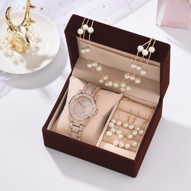 Deffrun 4 Pcs Femmes Montre Ensemble Complet Diamant Montre Ronde Perle Bracelet Boucles D'oreilles Collier Cadeau Kit