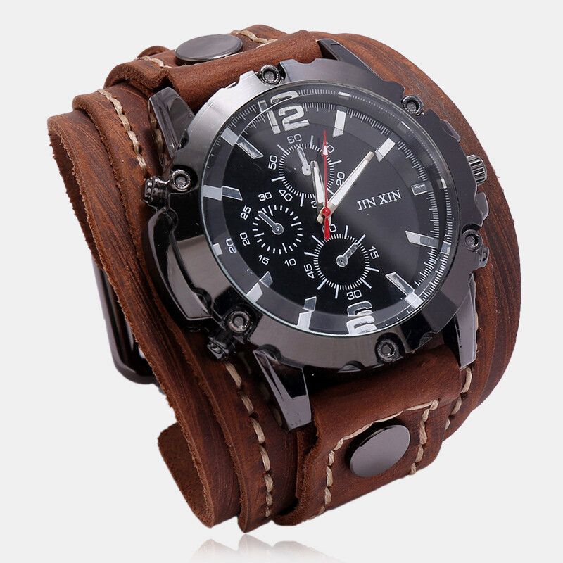 Deffrun Grand Cadran Vintage Bracelet En Cuir De Vache Montre Décorer Petite Montre À Quartz À Trois Mains Pour Hommes