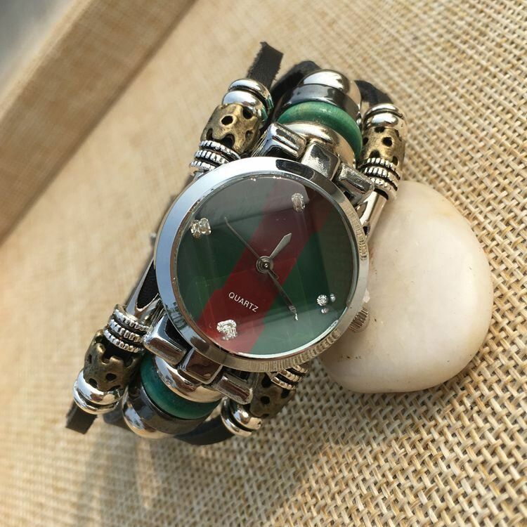 Deffrun Style Rétro Hommes Bracelet Montre Vintage Simple Strass Vachette Quartz Montre