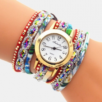 Deffrun Vintage Coloré Impression Femmes Bracelet Montre Multicouche Métal Strass Pu Montre À Quartz