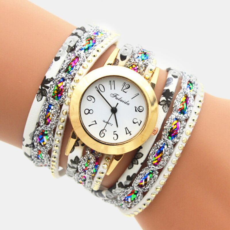 Deffrun Vintage Coloré Impression Femmes Bracelet Montre Multicouche Métal Strass Pu Montre À Quartz