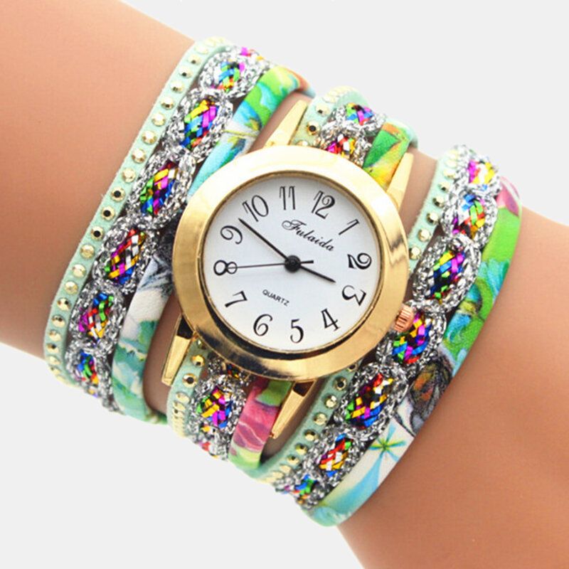 Deffrun Vintage Coloré Impression Femmes Bracelet Montre Multicouche Métal Strass Pu Montre À Quartz