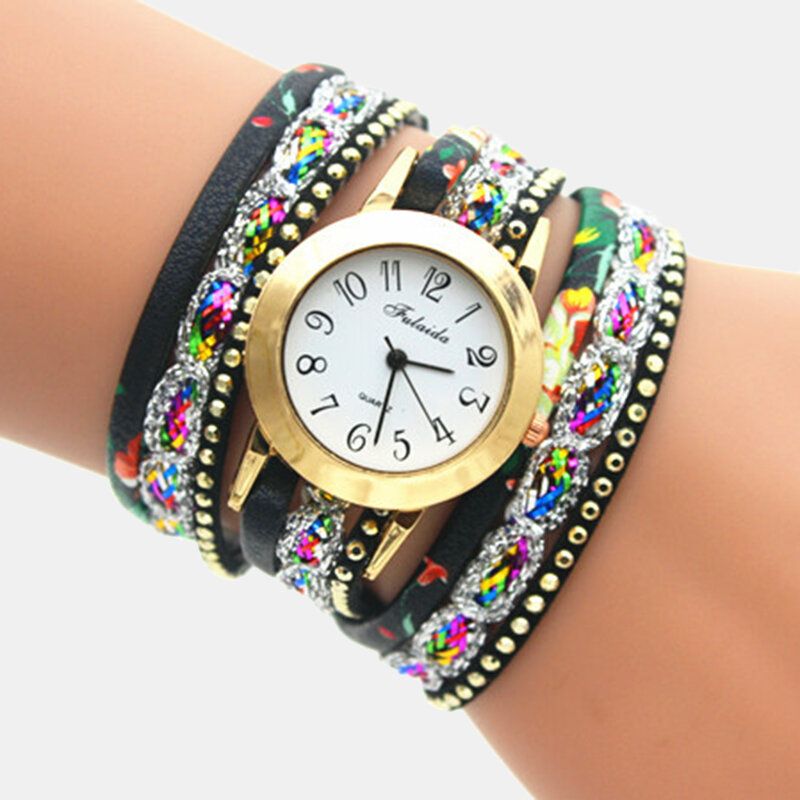 Deffrun Vintage Coloré Impression Femmes Bracelet Montre Multicouche Métal Strass Pu Montre À Quartz