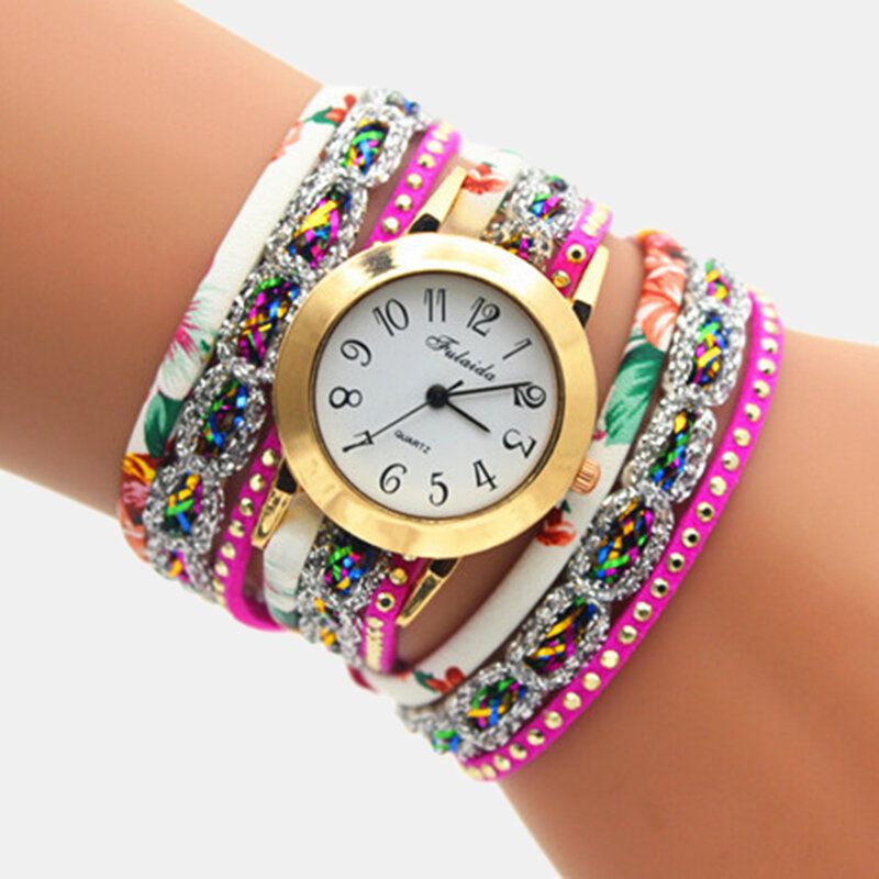 Deffrun Vintage Coloré Impression Femmes Bracelet Montre Multicouche Métal Strass Pu Montre À Quartz